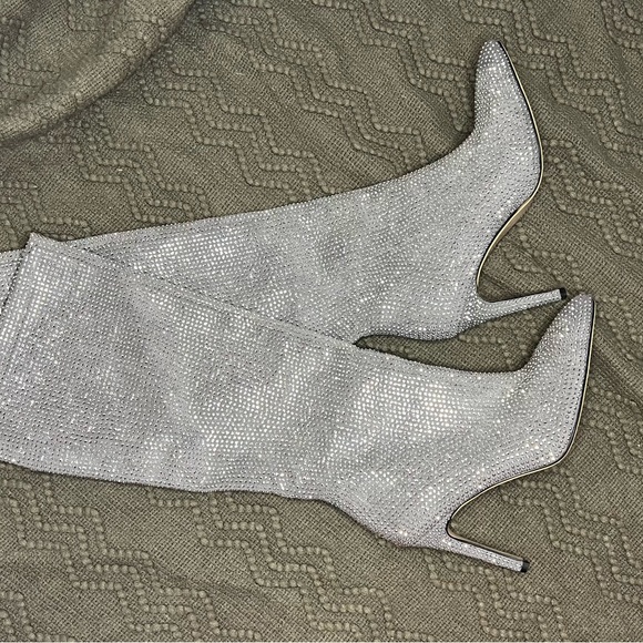 Silver Rhinestone Stiletto Women's Knee-High Boots - Picture 5 of 14